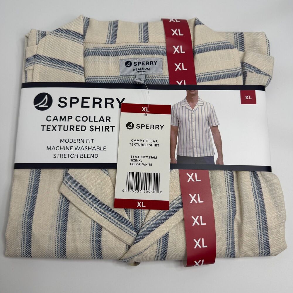 Sperry Camp Collar Textured Striped Shirt Men's Size XL NWT Ivory Blue
